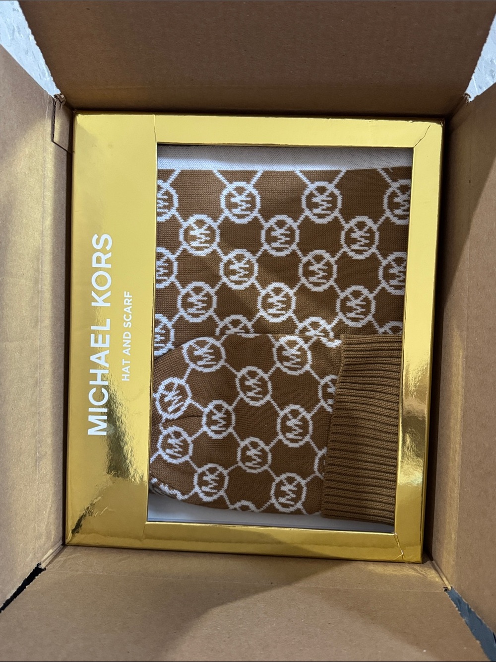 Michael Kors Brown and White MK Logo Knit Hat & Scarf Set